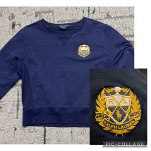 Ralph Lauren Womens Navy Cropped Blue Gold Crest & Pony Stretch Sweatshirt Sz XL